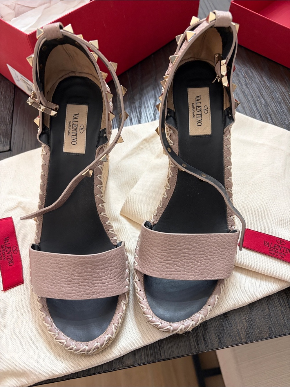 Valentino Pink Taupe Studded Ankle-Tie Espadrille Sandals - Picture 6 of 8